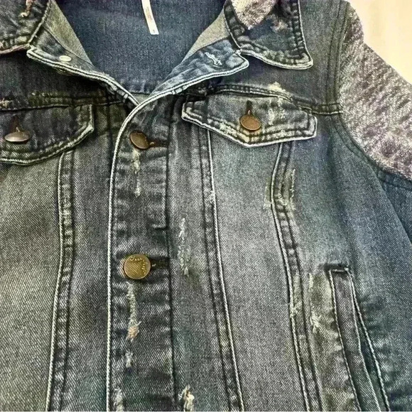 Free People Denim And Knit Hooded Grunge Western Jacket in  Indigo Blue Small - Picture 8 of 13
